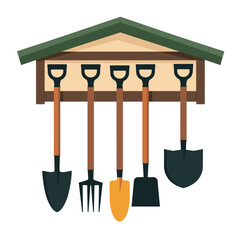 Illustration of Gardening Tools Hanging on a Wooden Rack, Featuring Shovels and a Fork