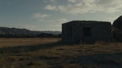 Abandoned Stone Hut in Desert Landscape at Sunset

