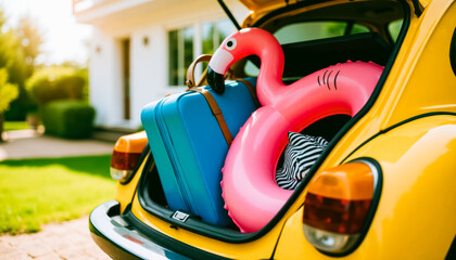 Vacation ready packed car trunk with flamingo float and blue suitcase