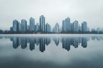 Urban skyline reflection in misty weather over tranquil water