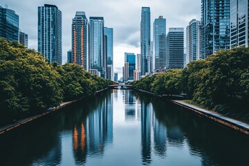 Obraz premium Urban Landscape with Reflective River and Modern Skyscrapers
