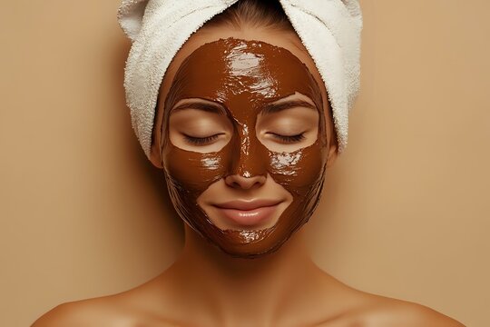 Young African American woman with chocolate face mask wearing white towel on head, eyes closed and gentle smile, enjoying spa skincare treatment on beige background.