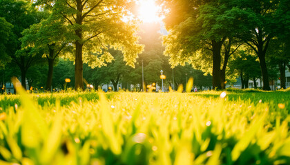 Sunlit park landscape with vibrant green grass and lush trees
