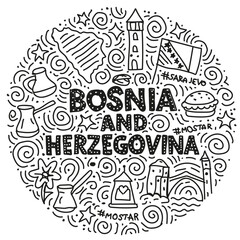 Bosnia and Herzegovina hand drawn doodle map with symbols, coffee pot and Mostar bridge