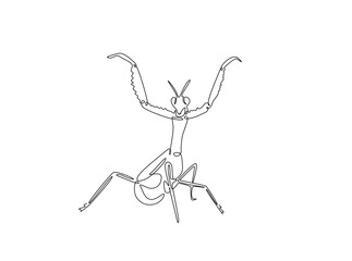 Wild Praying mantis in single outline illustration. Continuous line art drawing of mantis. Editable stroke.