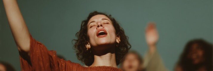 Emotional Christian Worship with Uplifted Hands and Expressive Faces in Church - Communal Prayer and Spiritual Awakening for Faith-Based Events and Marketing