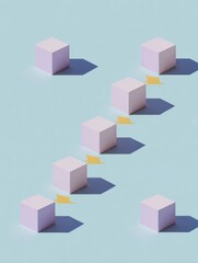 Obraz premium Minimalist Strategic Business Roadmap with Cubes and Arrows on Soft Blue Background for Growth Planning and Goal Achievement Concepts