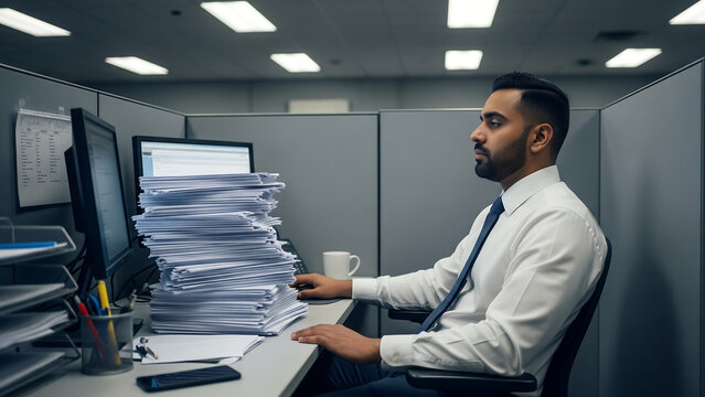 Asian office worker frozen by overwhelming emails in a dull cubicle on Monday
