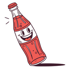 Cheerful red soda bottle cartoon character smiling with happy expression