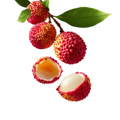 flying lychee fruit and half slices isolated