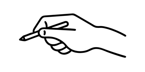 A simple line drawing of a hand holding a pencil ready to write on a blank white piece of paper