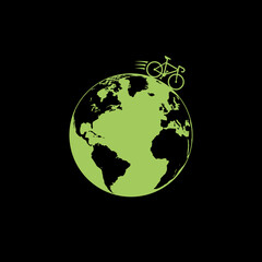 Bike with Wheels on Planet Earth icon isolated on black background