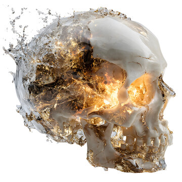 Human Skull with Water Splash and Golden Interior Side View.