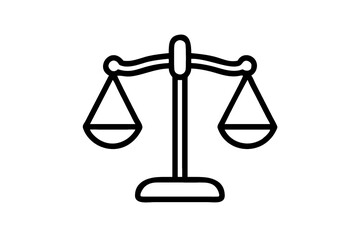 A simple black and white outline drawing of a scale of justice on a white background image view
