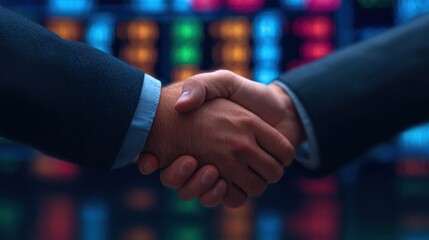Two people in business suits shaking hands in front of a colorful, blurred financial or stock market background.