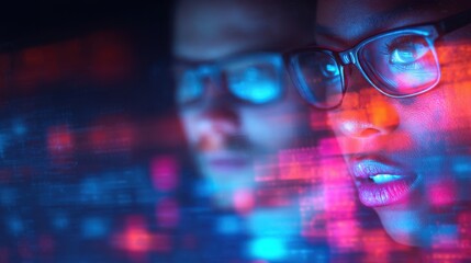 A close-up of a person wearing glasses, reflecting colorful digital code, symbolizing technology and data analysis in a futuristic setting.
