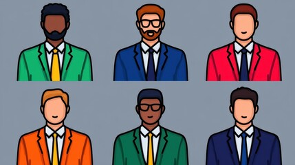 Fototapeta premium Illustration of six diverse male professionals in colorful suits and ties, representing business and corporate diversity.