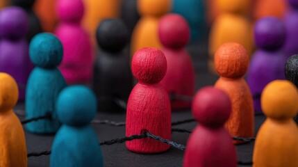 Colorful wooden figurines connected by black strings symbolize networking, connection, and community in a vibrant, abstract arrangement.