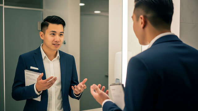 Ambitious young employee secretly rehearsing interview lines in company bathroom mirror