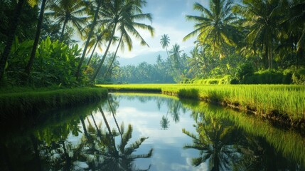 Tranquil canal reflecting lush greenery