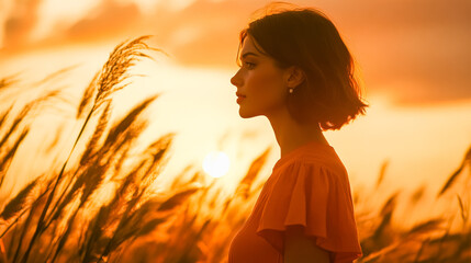 Young female in sunset field with golden light and grasses silhouette