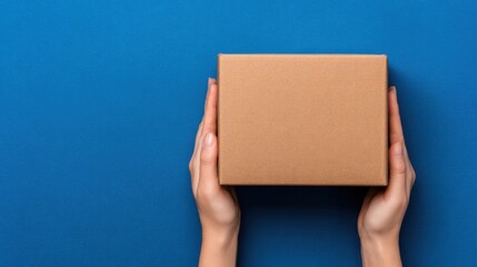 Fototapeta premium A pair of hands holding a plain brown cardboard box against a blue background.