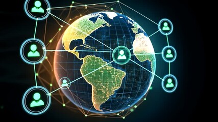 Global digital communication network with connected user icons around planet earth illustrating worldwide connectivity and technology - Powered by Adobe