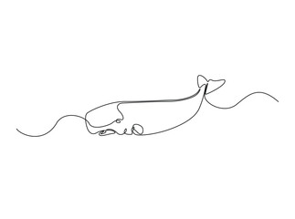 Cachalot or sperm whale in single outline illustration. Continuous line art drawing of sperm whale in the sea. Editable stroke.