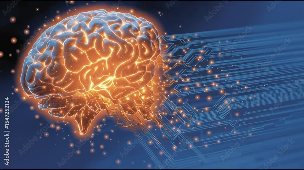 Aufkleber an artistic representation illustrates a brain connected to circuits, showcasing the fusion of neuro