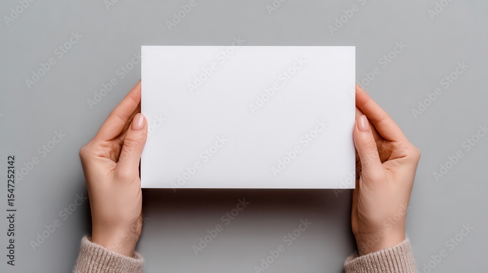 Wall mural hands holding a blank white rectangular card against a gray background, ready for custom text or des