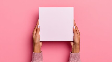 Hands holding a blank white square card against a pink background, with a soft, casual vibe.