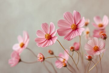 Obraz premium Wild Cosmos Flowers with Delicate Pink Petals and Swaying Stems on Muted Background for Wellness Branding and Natural Beauty Campaigns