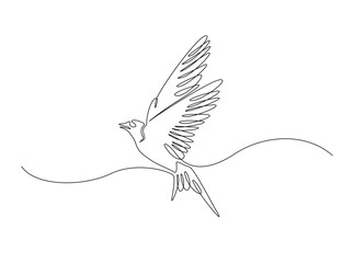 Swallow bird fly in single outline illustration. Continuous line art drawing of swallow bird. Editable stroke.