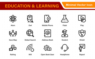 Education set of web icons in line style. Learning icons for web and mobile app. E-learning, video tutorial, knowledge, study, school, university, webinar, online education.