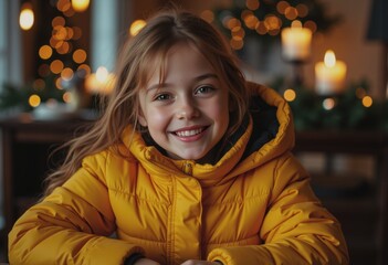 Girl in a bright yellow puffer jacket smiling at a festive holiday table