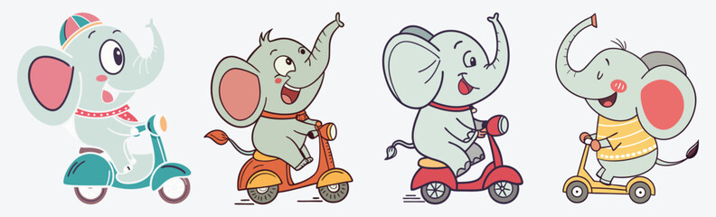Playful cartoon elephants riding colorful scooters vector.