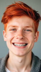 Young caucasian male teen with red hair smiling and wearing braces