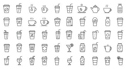 Fototapeta premium Collection of minimalist line art drink icons representing different beverages and containers