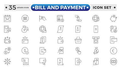 Bill and Payment Outline icon set. Containing finance related icons. bill, receipt, invoice, document, atm, cash, cryptocurrency, blockchain, banking, payments.
Editable stroke outline icon.