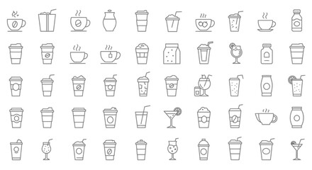 Collection of drink icons in a line style representing various types of beverages