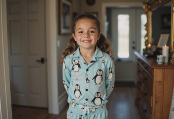 Child in holiday pajamas smiling at the hallway mirror