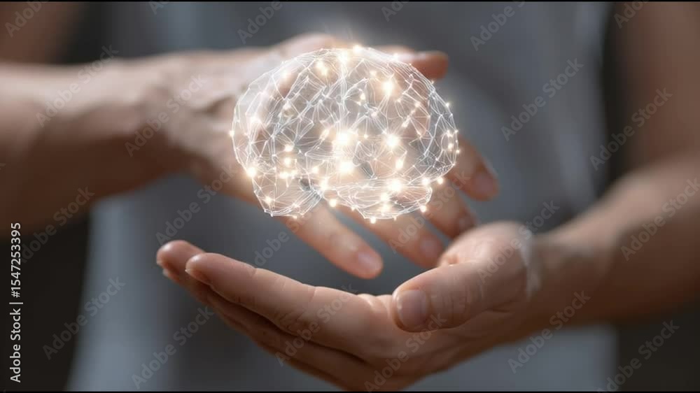 Poster two hands support a luminous brain design that symbolizes new ideas and creativity, showcasing a foc