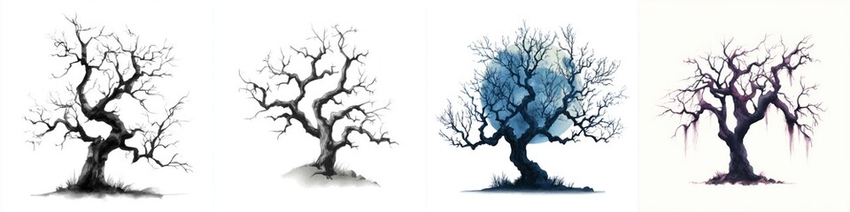 Bare Trees Silhouette Collection Featu Winter and Autumn Branches in Various Artistic Styles with Clear Sky Backgrounds for Nature and Landscape Design