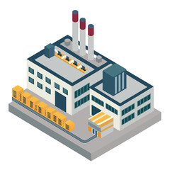 Fototapeta premium vector of a manufacturing facility with chimneys, conveyors, and control rooms, clean isometric style, white background 