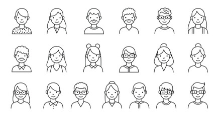 Diverse People Avatar Collection: Line Art Illustrations of Male and Female Faces