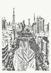 Fototapeta premium Overlooking the breathtaking Cityscape A Male Figure in a Beautiful Traditional Attire