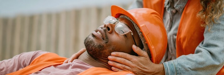 Construction Worker Receiving Emergency CPR for Heat Exhaustion Outdoors with Safety Gear, Medical Kit on Site - Workplace Safety and Rapid Response Training