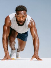 Focused Male Athlete in Sprint Start Pose on White Background for Fitness Motivation and Determined Athletic Event Marketing