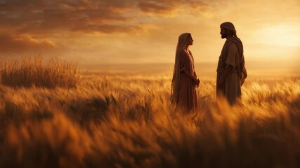 Ruth meets Boaz at sunset, bathed in warm golden light in a wheat field, symbolizing hope and new beginnings. A scene inspired by the Book of Ruth, highlighting love and faithfulness. - Powered by Adobe