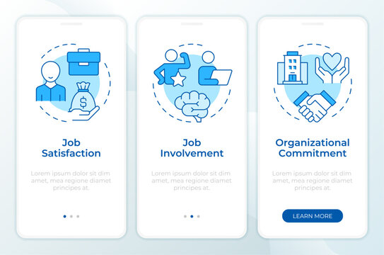 Job attitude types blue onboarding mobile app screen. Salary, perks. Walkthrough 3 steps editable graphic instructions with linear concepts. UI, UX, GUI. Montserrat SemiBold, Regular fonts used